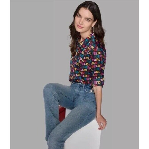 Karl Lagerfeld Paris Women’s Logo Multicolor Print Shirt Blouse Size3X - Picture 3 of 12